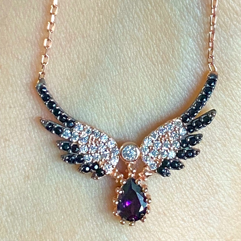 925 Silver angel wing necklace cz rose gold plated with big purple stone wings - Picture 3 of 7